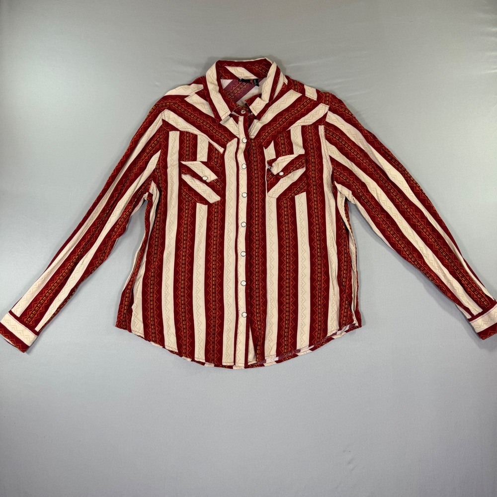 Cruel Denim Womens Red Tribal Western Snap Shirt L Rodeo Aztec Boho Cowgirl